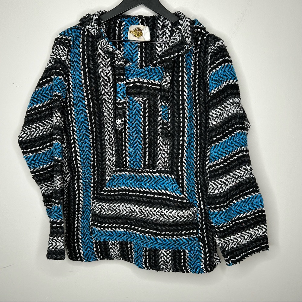 Earth Ragz Baja Hoodie Pullover Black Blue White Striped‎ Size M